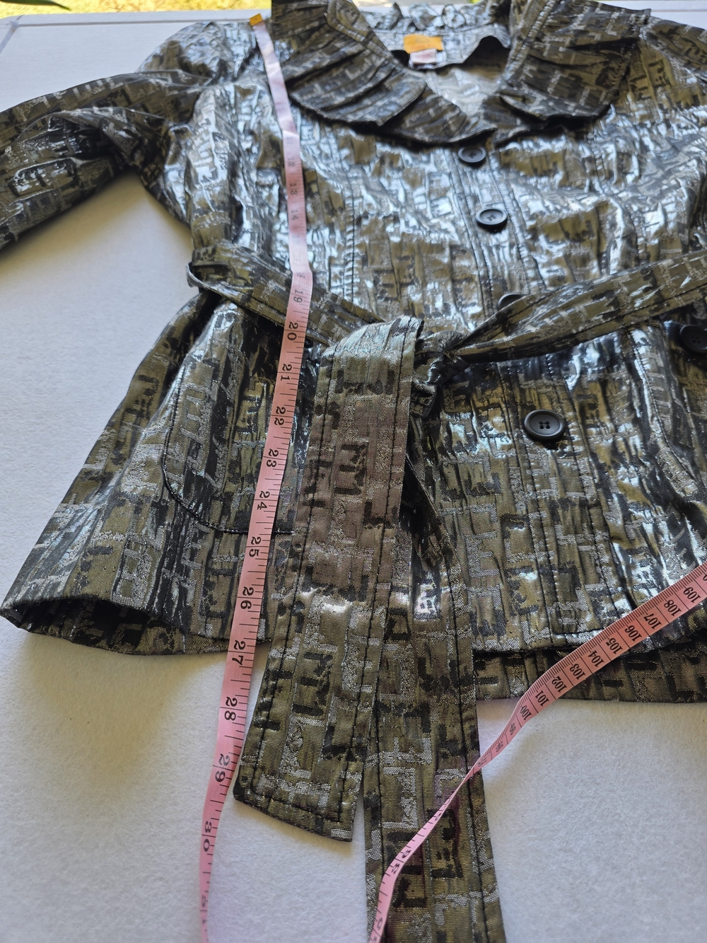 Ruby Rd. Black and Silver Metallic Ruffled Trench Coat - Picture 7 of 11